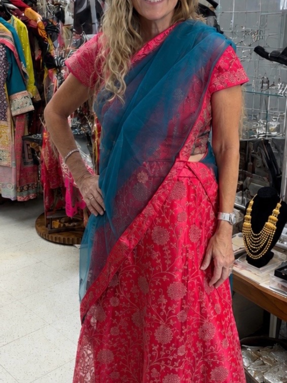 Women’s Pink Floral Maxi Skirt with Teal Overlay
